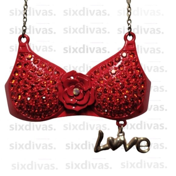 RED Bra Pendant Necklace, Rhinestones Pendant Long Necklace - Picture 2 of 9